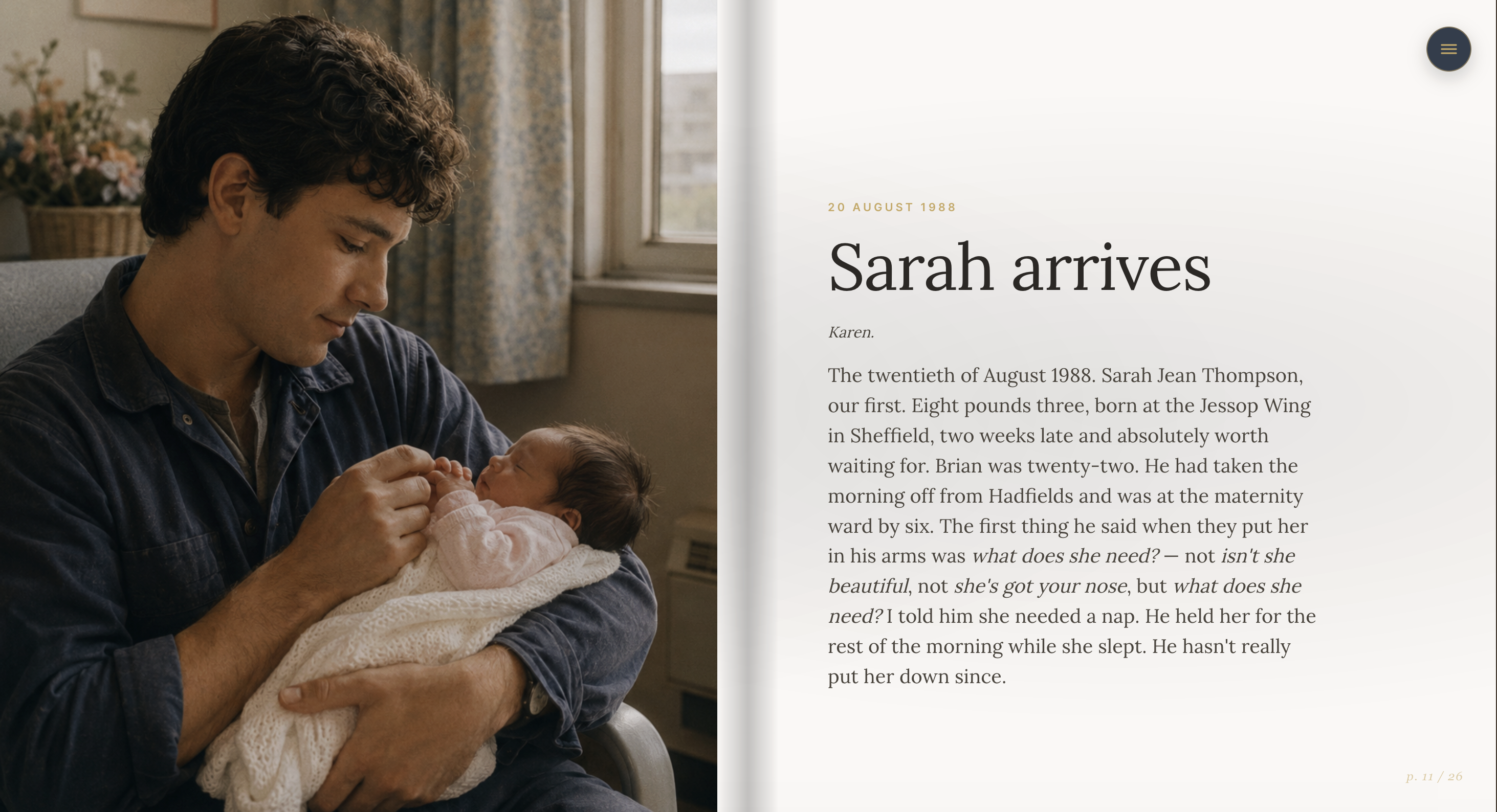 Sarah arrives, Brian holding his newborn daughter, with Karen's prose excerpt on the facing page