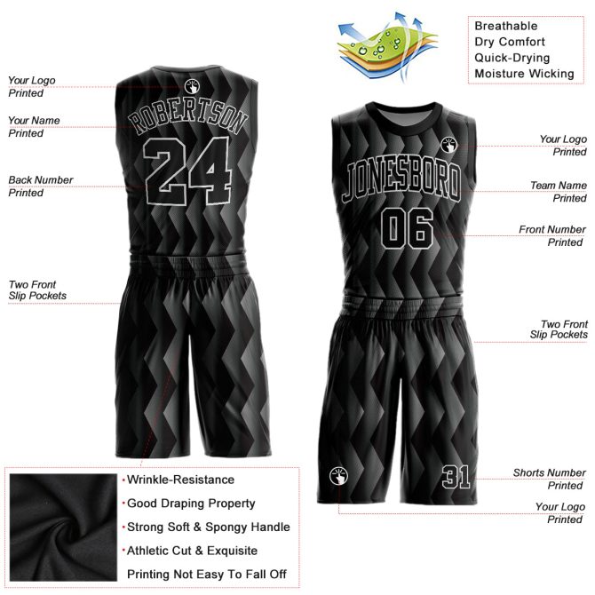 Custom Black Black-Silver Gray Round Neck Sublimation Basketball Suit Jersey