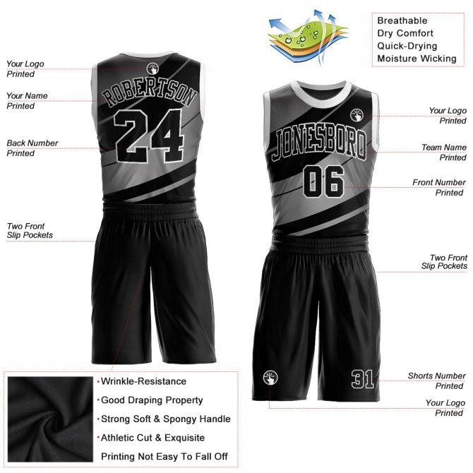 Custom Black Black-Silver Gray Round Neck Sublimation Basketball Suit Jersey