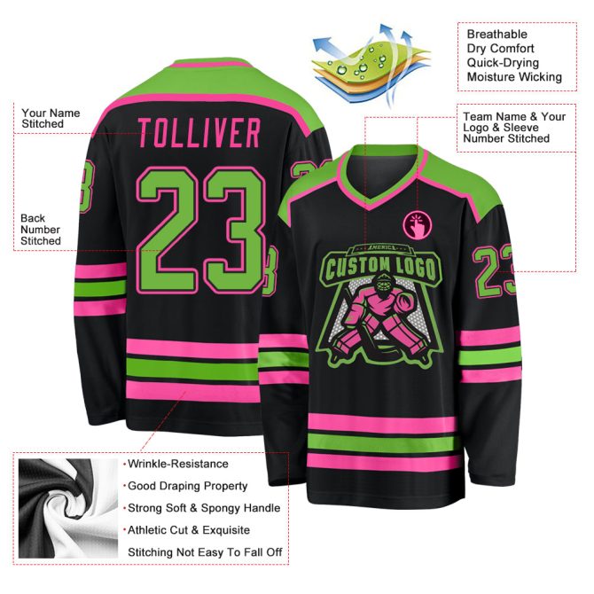 Custom Black Neon Green-Pink Hockey Jersey