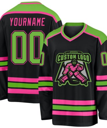 Custom Black Neon Green-Pink Hockey Jersey