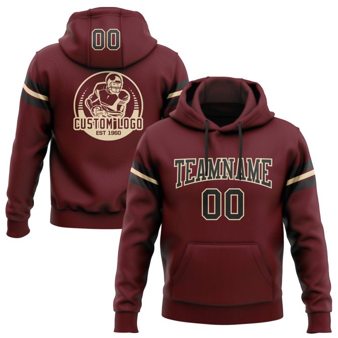 Custom Stitched Burgundy Black-Cream Football Pullover Sweatshirt Hoodie