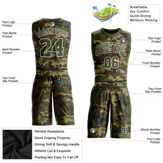 Custom Camo Olive-White Round Neck Sublimation Salute To Service Basketball Suit Jersey