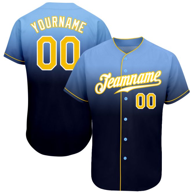 Custom Light Blue Gold-Navy Authentic Fade Fashion Baseball Jersey