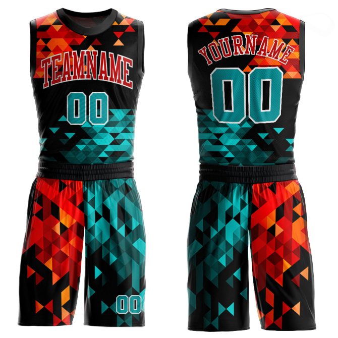 Custom Figure Aqua-Red Round Neck Sublimation Basketball Suit Jersey