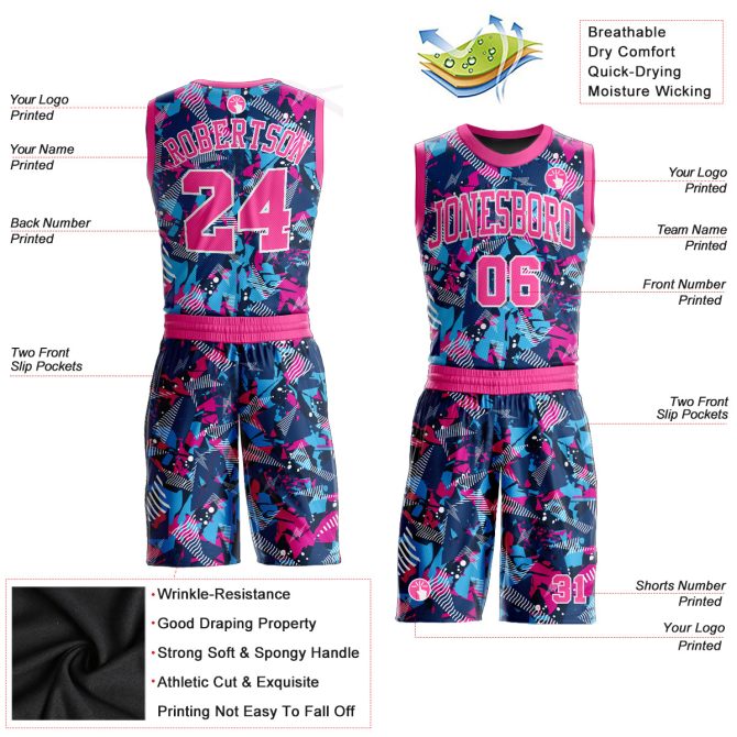 Custom Figure Pink-Light Blue Round Neck Sublimation Basketball Suit Jersey