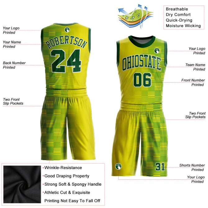 Custom Gold Green-White Round Neck Sublimation Basketball Suit Jersey