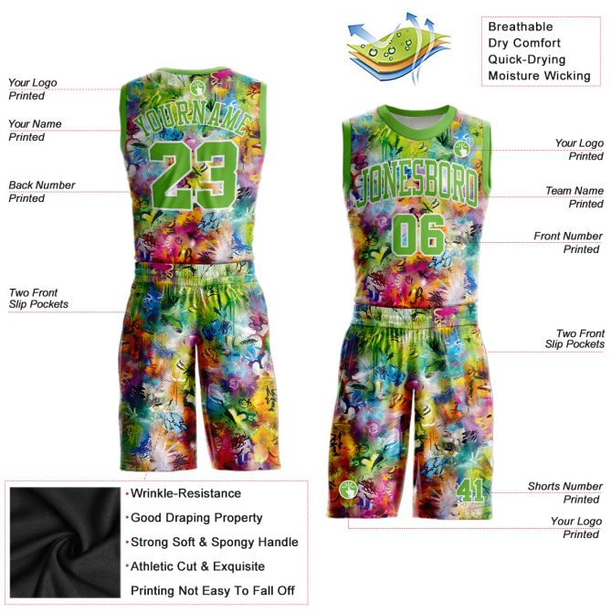 Custom Graffiti Pattern Neon Green-White Round Neck Sublimation Basketball Suit Jersey