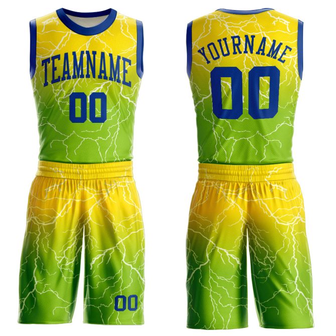 Custom Neon Green Royal-Gold Round Neck Sublimation Basketball Suit Jersey