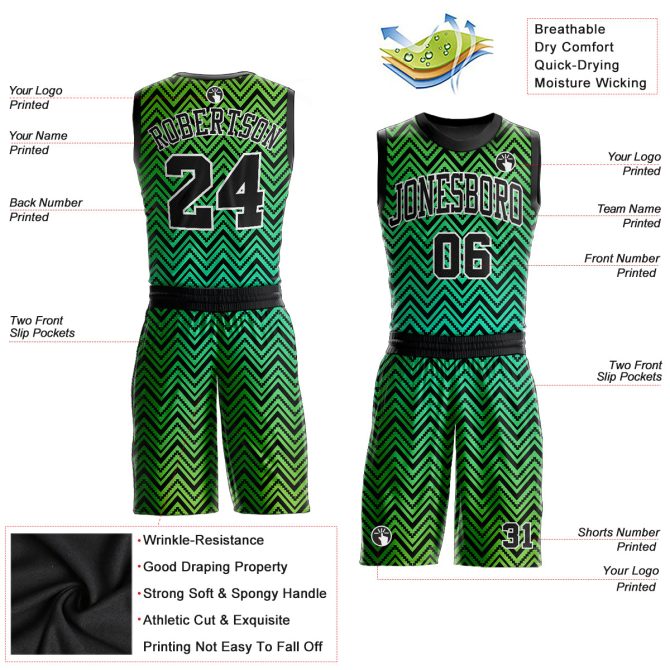 Custom Neon Green Black-White Round Neck Sublimation Basketball Suit Jersey