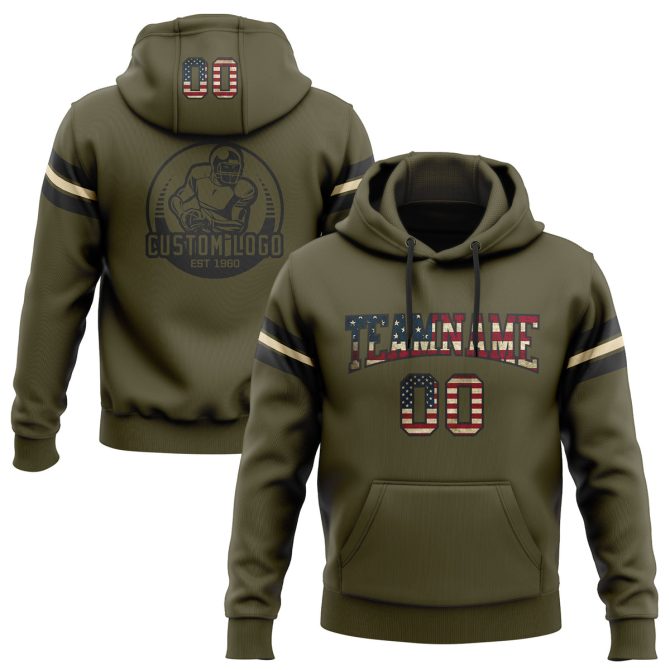 Custom Stitched Olive Vintage USA Flag Black-Cream Football Pullover Sweatshirt Salute To Service Hoodie