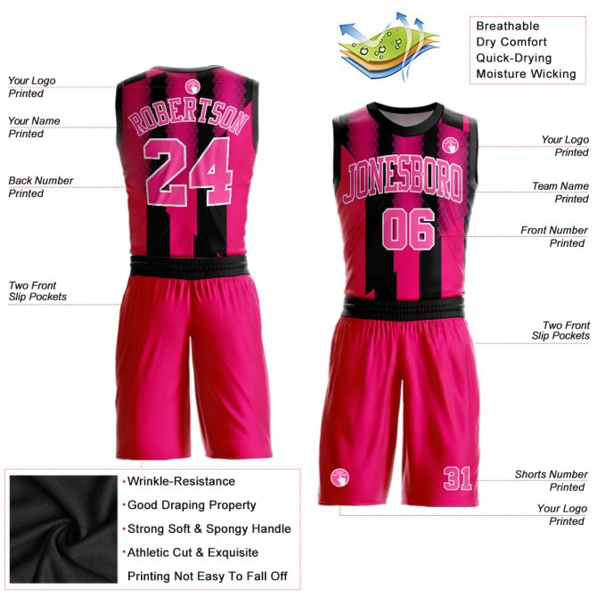 Custom Red Pink-Black Round Neck Sublimation Basketball Suit Jersey