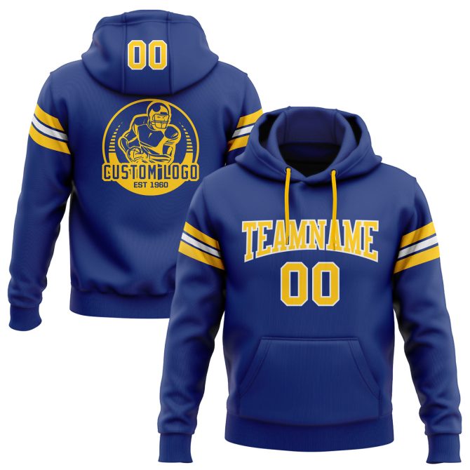 Custom Stitched Royal Gold-White Football Pullover Sweatshirt Hoodie