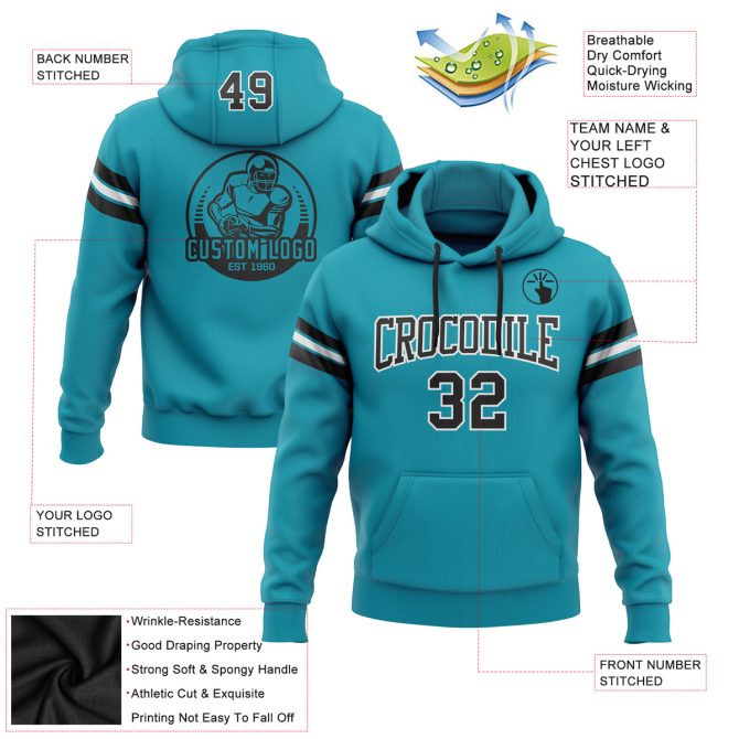 Custom Stitched Teal Black-White Football Pullover Sweatshirt Hoodie