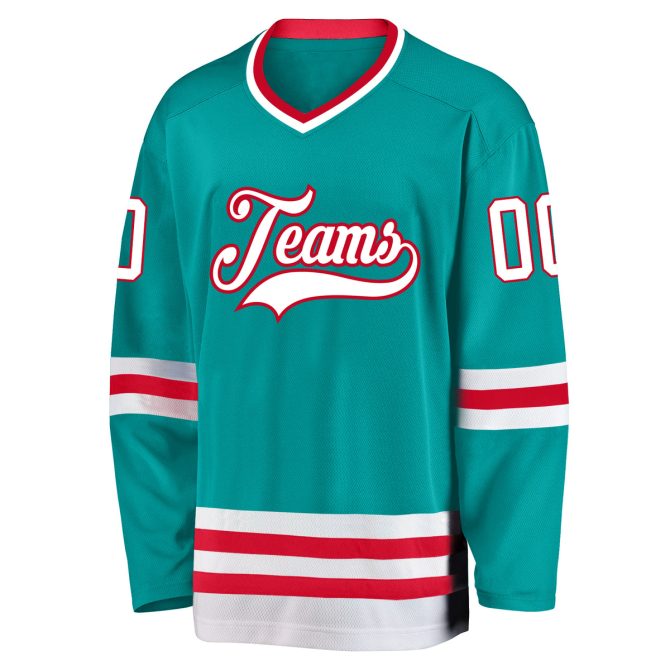 Custom Aqua White-Red Hockey Jersey