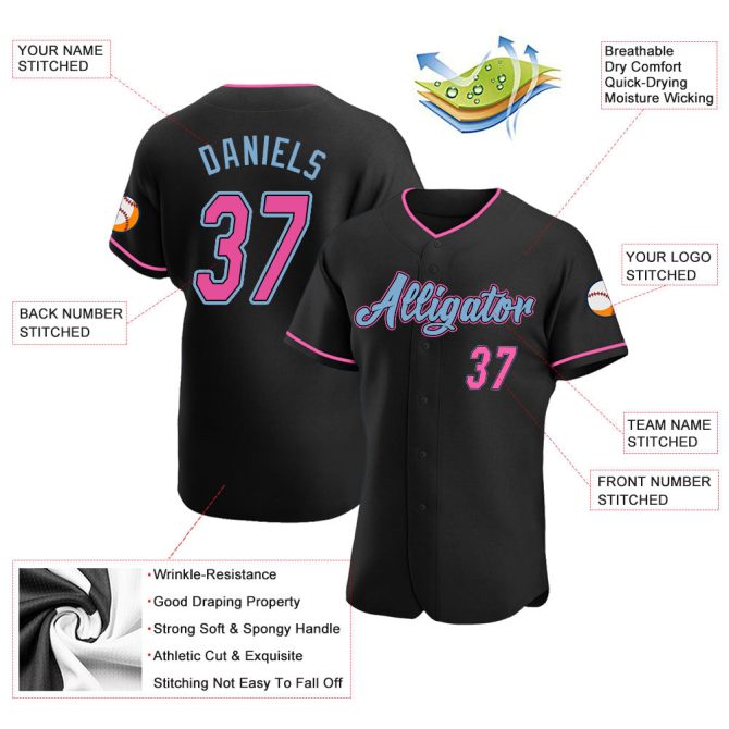 Custom Black Pink-Light Blue Authentic Baseball Jersey