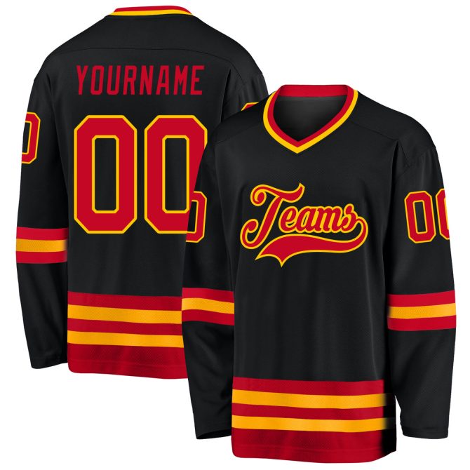 Custom Black Red-Gold Hockey Jersey