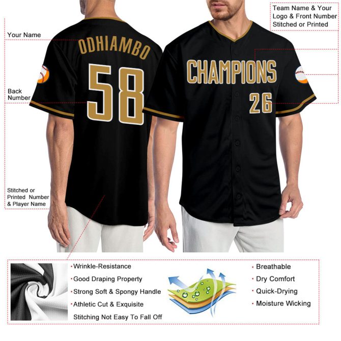 Custom Black Old Gold-White Authentic Baseball Jersey