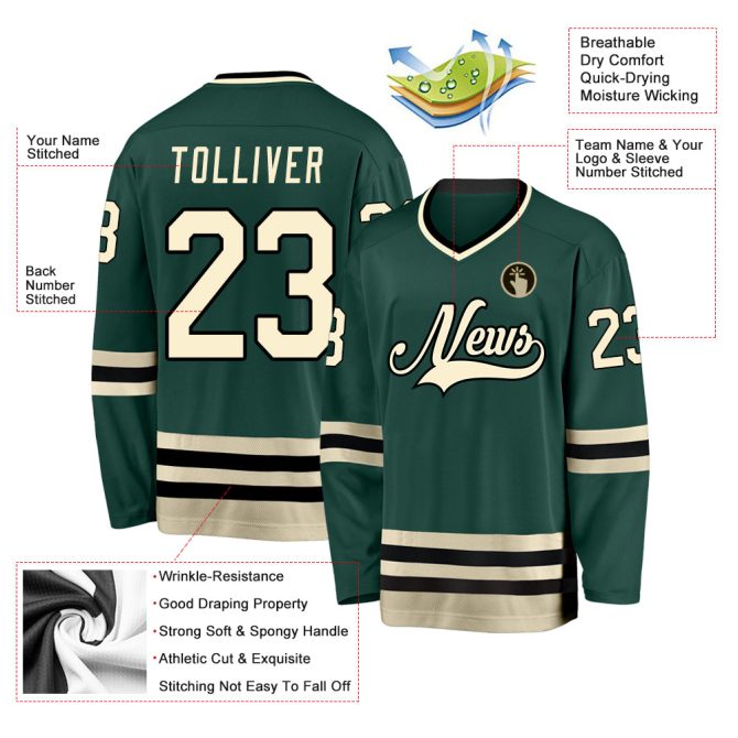 Custom Green Cream-Black Hockey Jersey