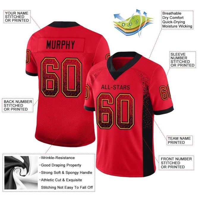 Custom Scarlet Black-Gold Mesh Drift Fashion Football Jersey