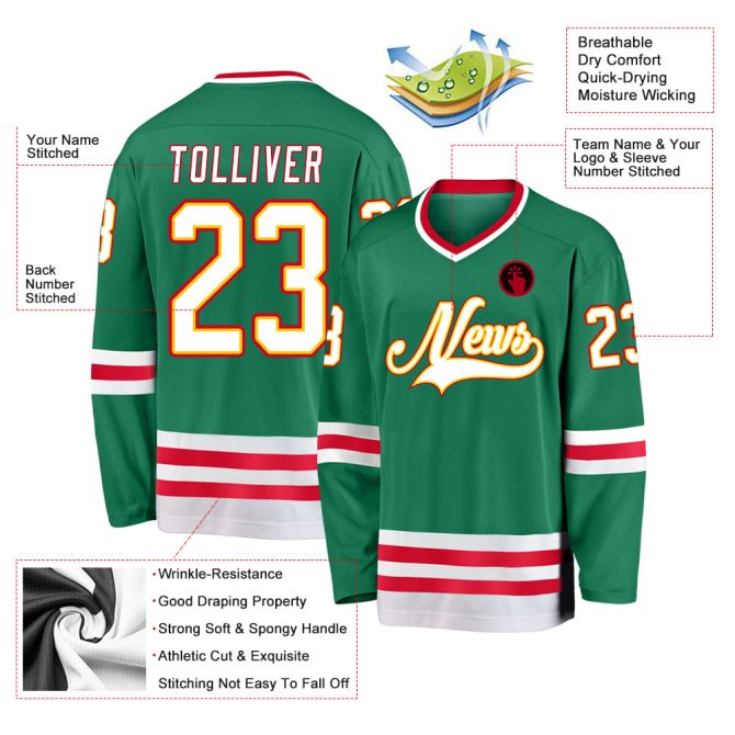 Custom Kelly Green White-Red Hockey Jersey