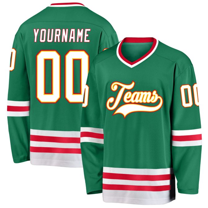 Custom Kelly Green White-Red Hockey Jersey