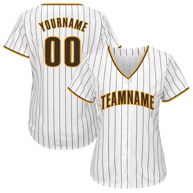 Custom White Brown Pinstripe Brown-Gold Baseball Jersey