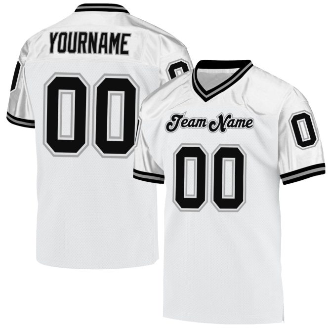 Custom White Black-Gray Mesh Authentic Throwback Football Jersey